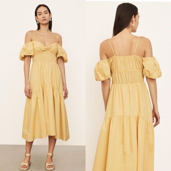 Vince Dresses & Skirts - Vince Draped Midi Yellow Dress Cold-Shoulder Tiered Size 0